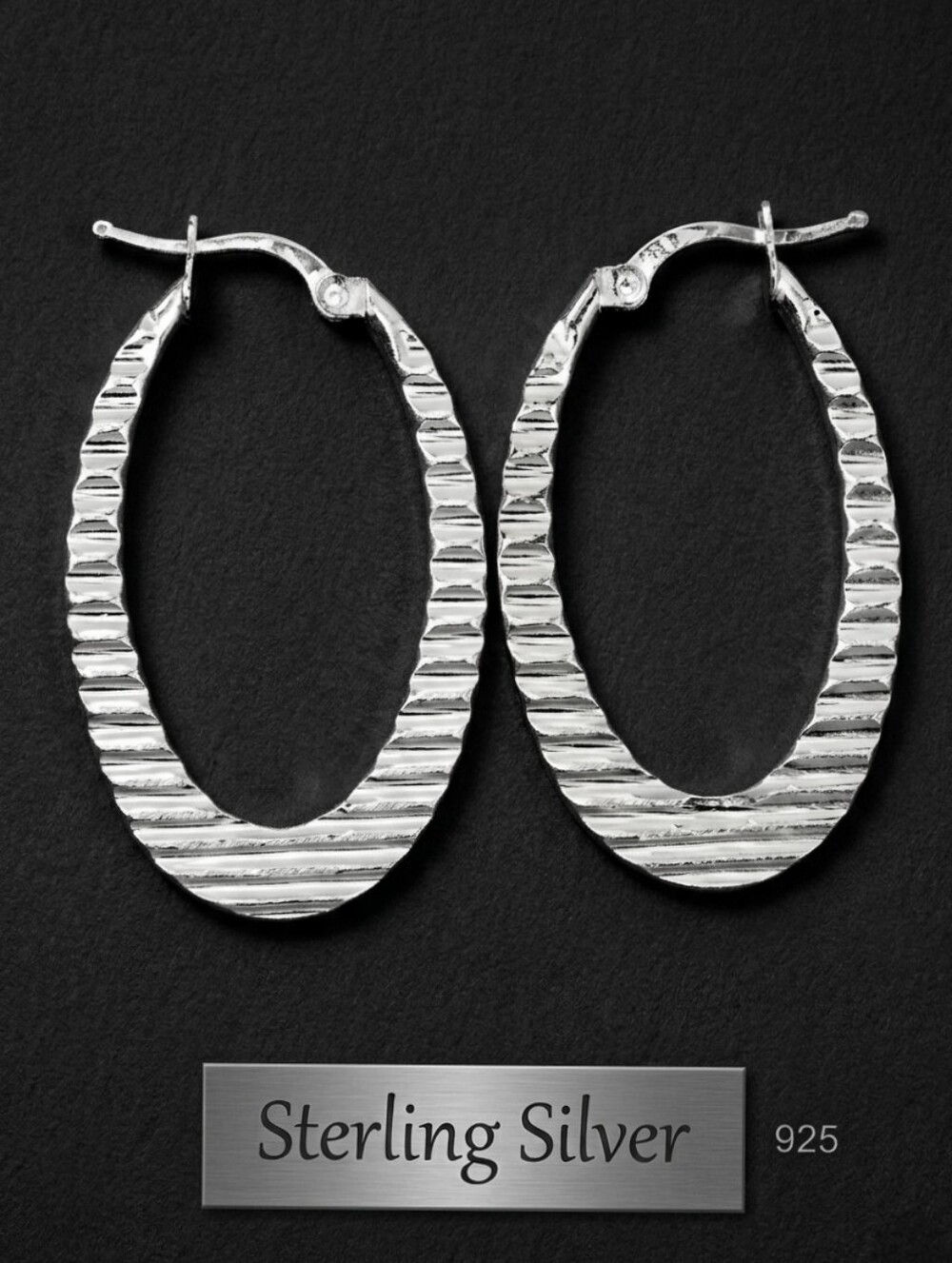 Sterling Silver ruffle Oval Hoop Earrings 1.5"